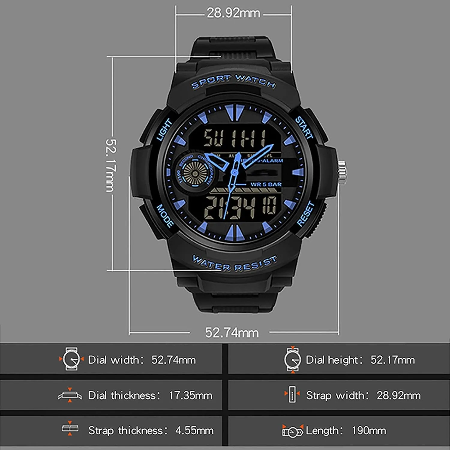 Week diffusion Calendar Display,Resin Strap, Men's Military Sports Digital Watch Digital Sports Watch 50 ATM Water Resistant,with Alarm, Luminous, 