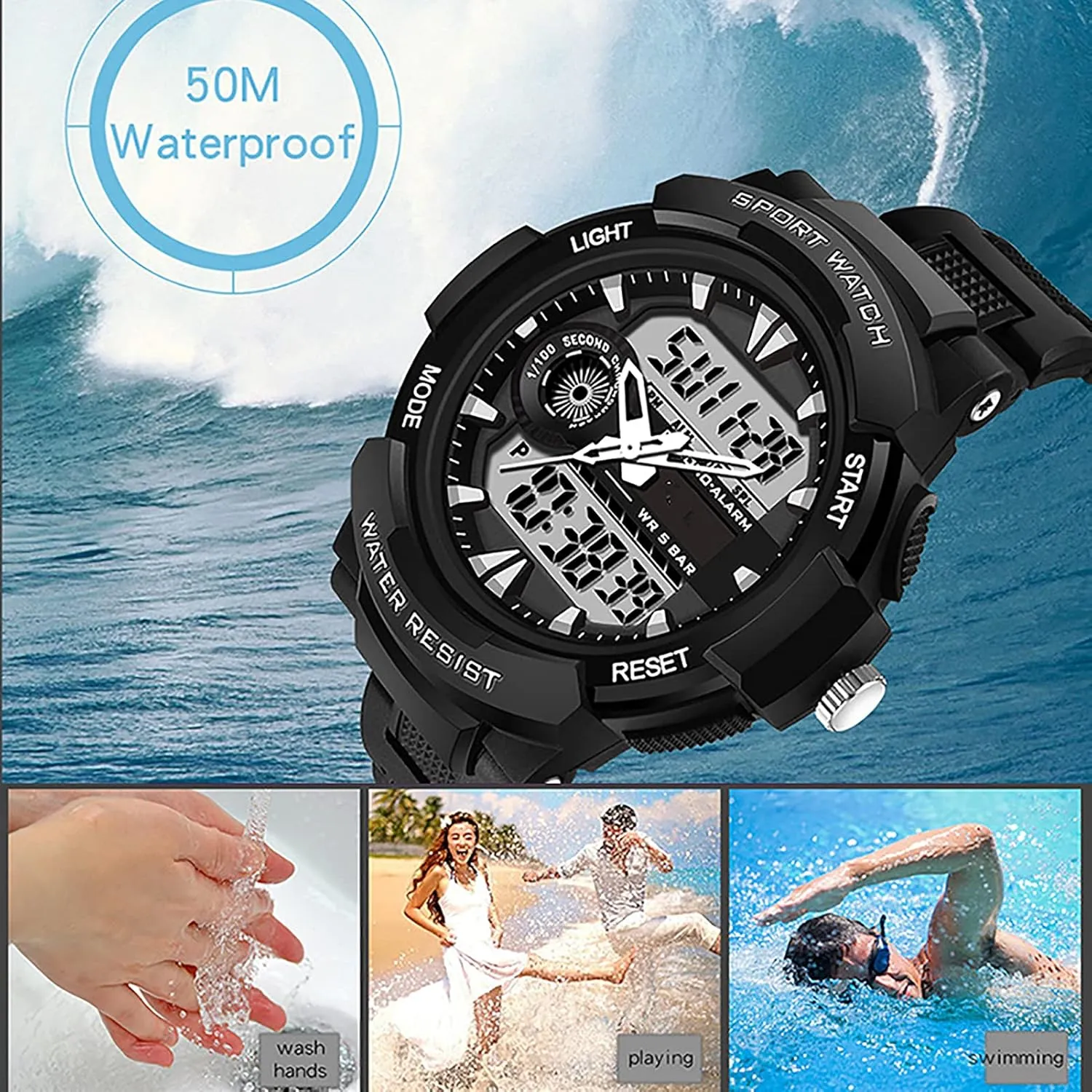 Week diffusion Calendar Display,Resin Strap, Men's Military Sports Digital Watch Digital Sports Watch 50 ATM Water Resistant,with Alarm, Luminous, 