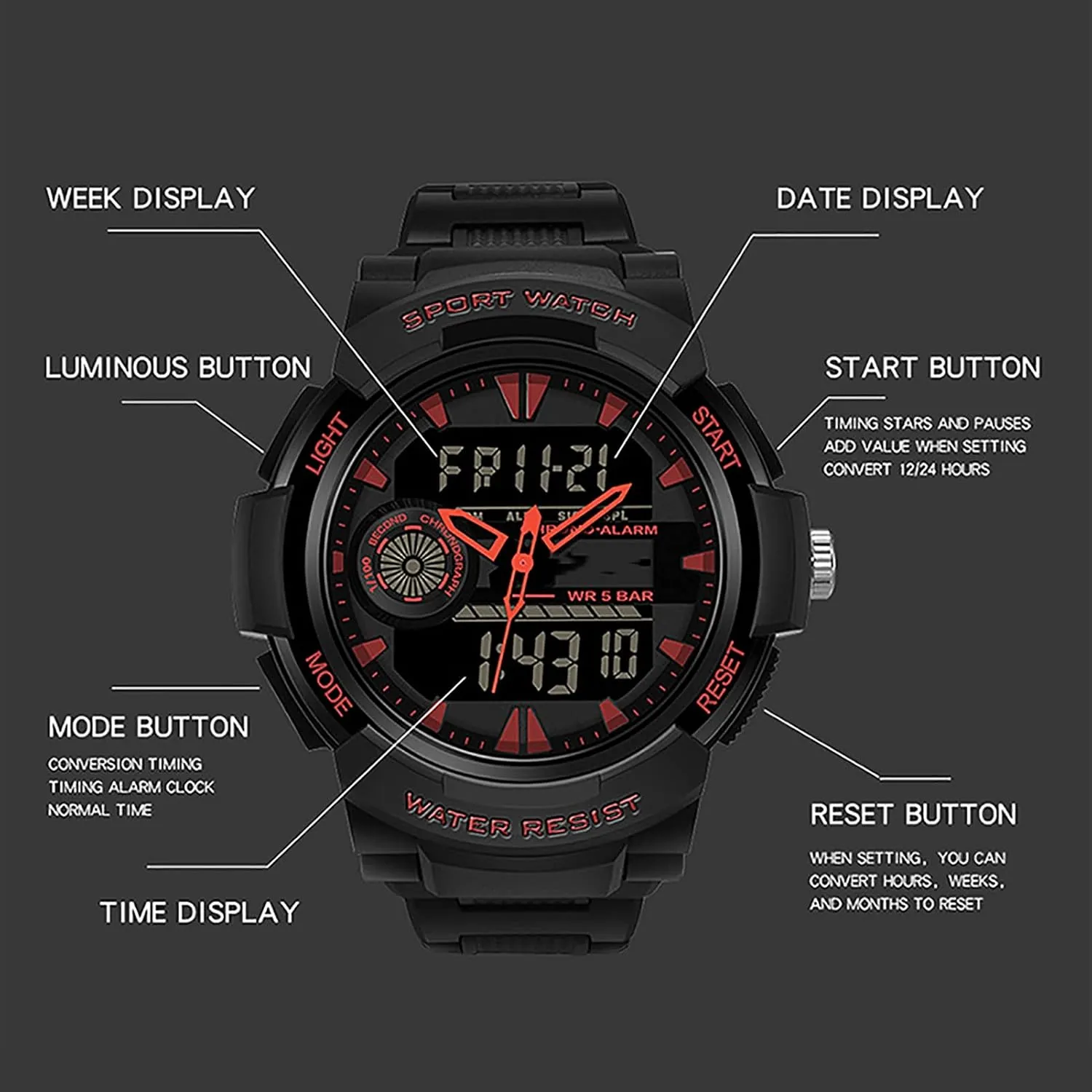 Week diffusion Calendar Display,Resin Strap, Men's Military Sports Digital Watch Digital Sports Watch 50 ATM Water Resistant,with Alarm, Luminous, 