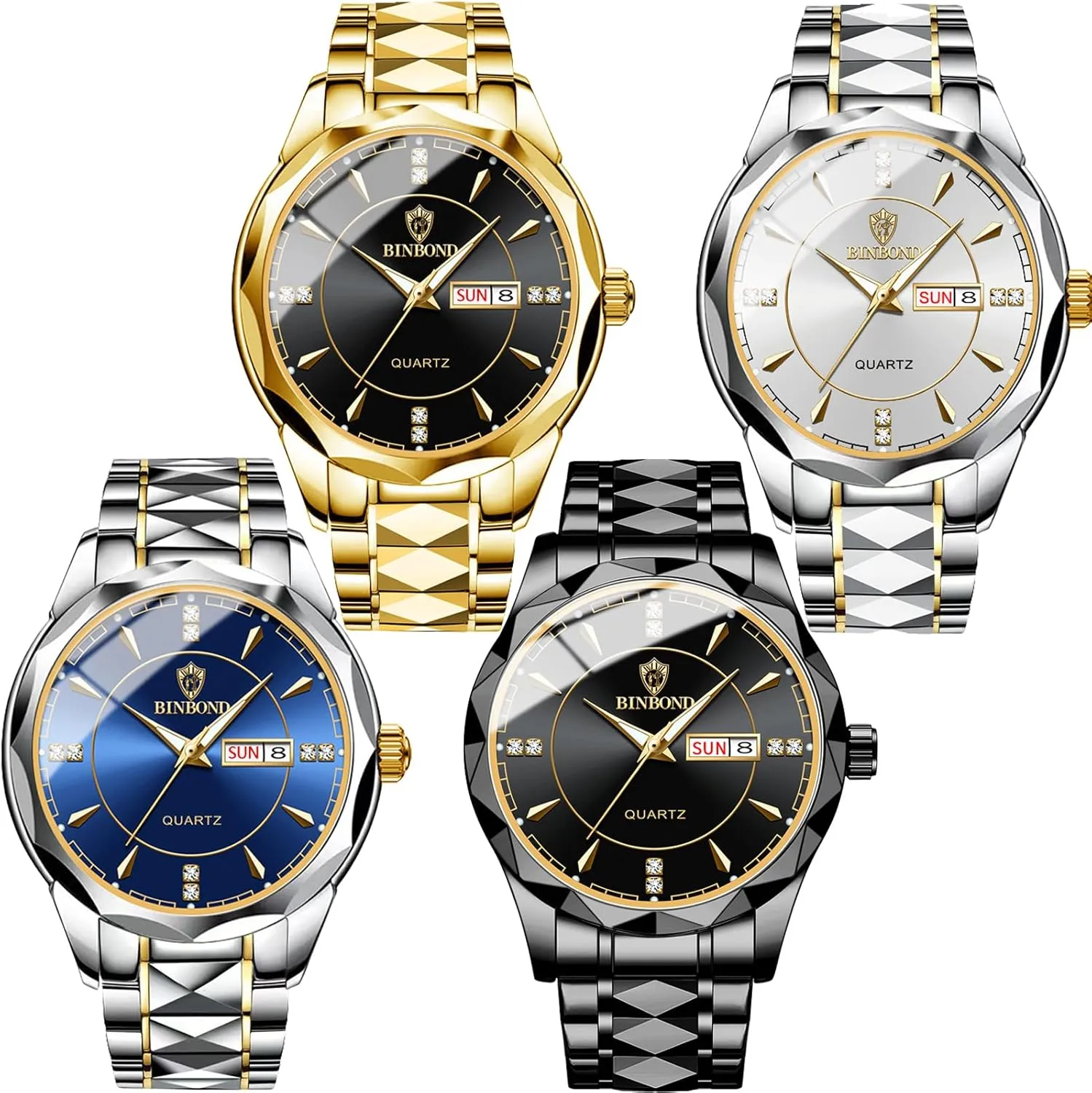Week Waterproof Luminous Classic Business stanza lesley proxy surprise polyphony impenetrable Diamond Wristwatch Wholesales 4 Pack Mens Watches Set, Big Dial Watches for Men Stainless Steel Watch with Date 