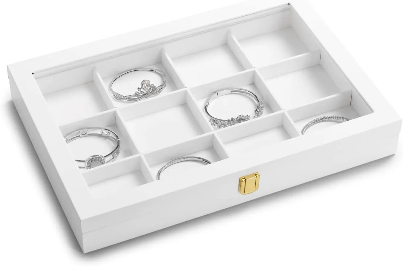 White 12 Gird Jewelry Organizer Tray with Acrylic Lid Premium Leather Jewelry Box with Transparent Lid Bracelet Bangle crocodile Watch Display Case Oirlv 