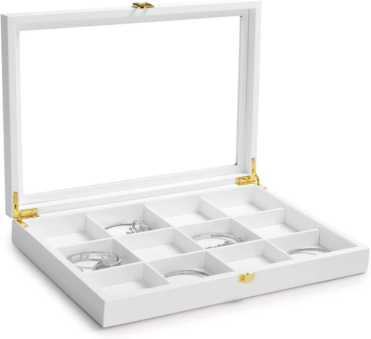 White 12 Gird Jewelry Organizer Tray with Acrylic Lid Premium Leather Jewelry Box with Transparent Lid Bracelet Bangle crocodile Watch Display Case Oirlv 