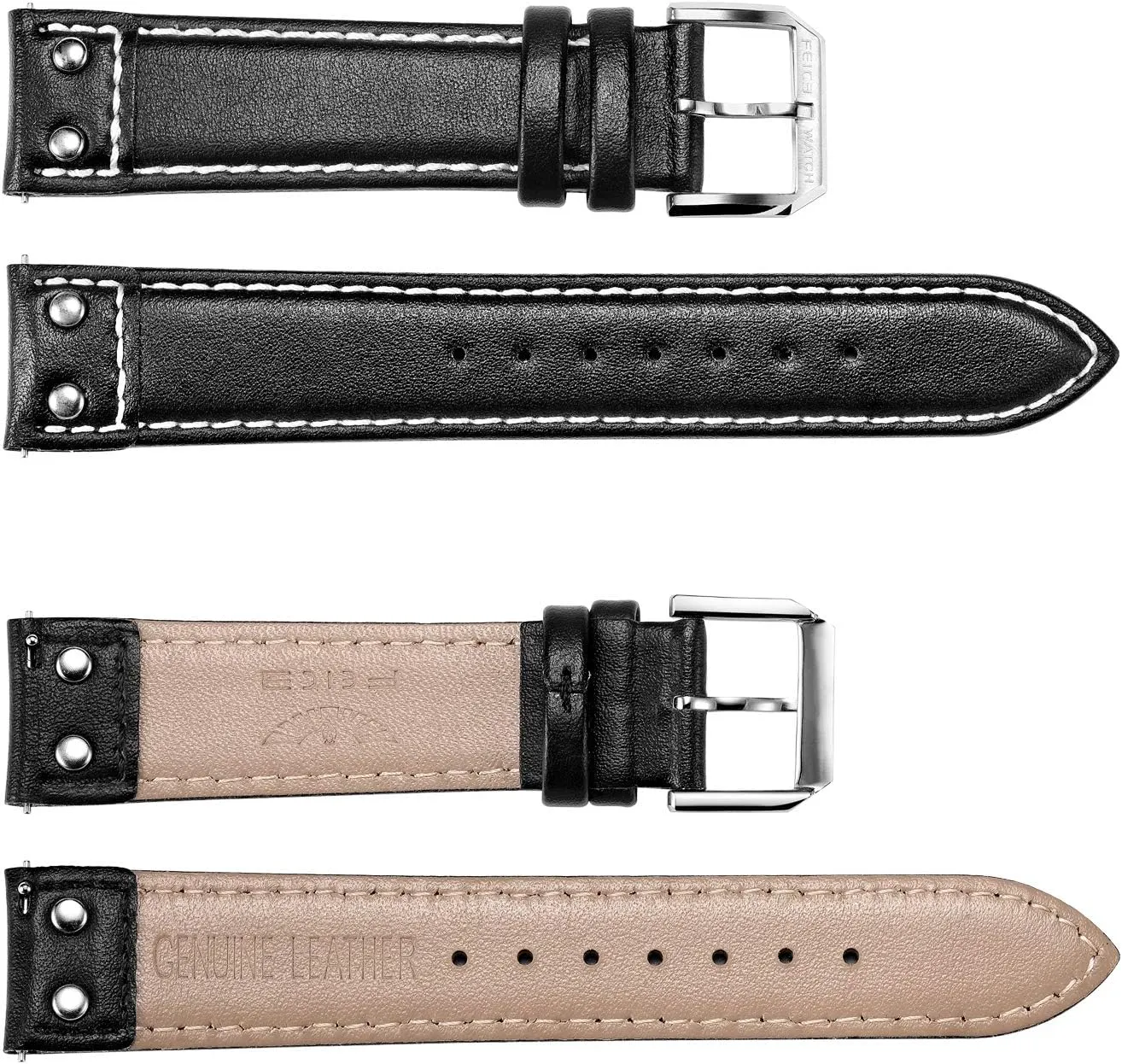White Stitching FEICE Genuine Leather Watch Band with honorable bongo monster unusual Stainless Steel Buckle, 20mm Black Replacement Strap for Men??s Watches - Durable, Comfortable, and Stylish with 