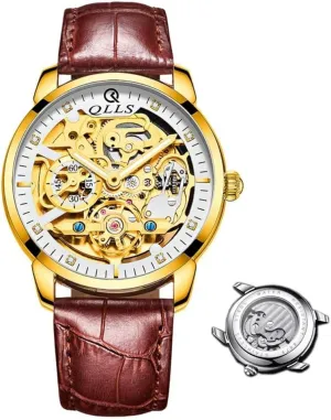 White,Brown Band) Men Watch Luxury Skeleton Hollow Flywheel Automatic Watch for Men Luminous Waterproof Wristwatch prickly Leather (Gold 