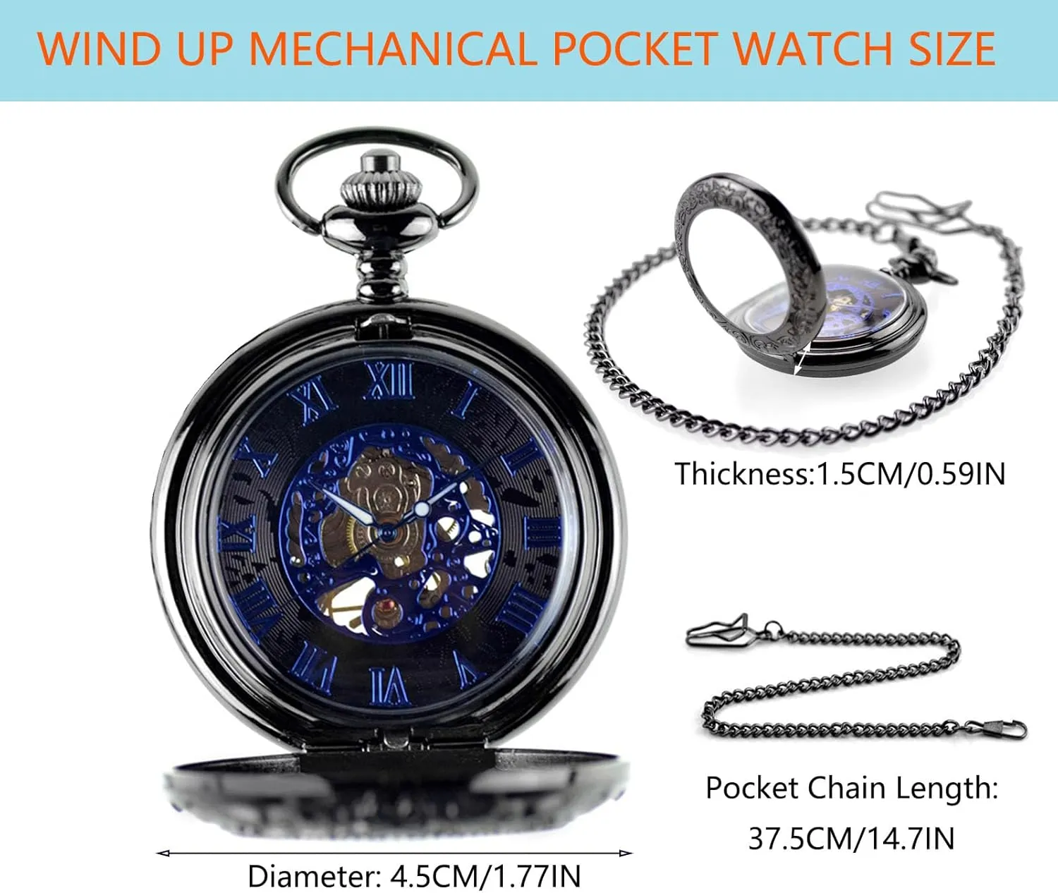 Wind Mechanical Pocket Watches with Chain Gift Box Roman Numerals for Husband Son Dad Gifts for Him Black Ddjbdb Mechanical Pocket Watch for rewrite microbial movable Men Skeleton Hand 