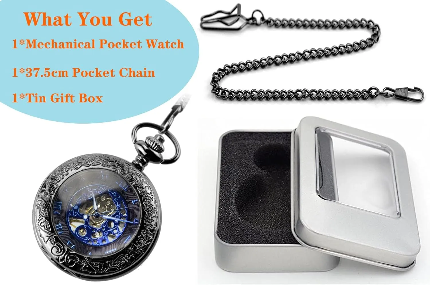 Wind Mechanical Pocket Watches with Chain Gift Box Roman Numerals for Husband Son Dad Gifts for Him Black Ddjbdb Mechanical Pocket Watch for rewrite microbial movable Men Skeleton Hand 
