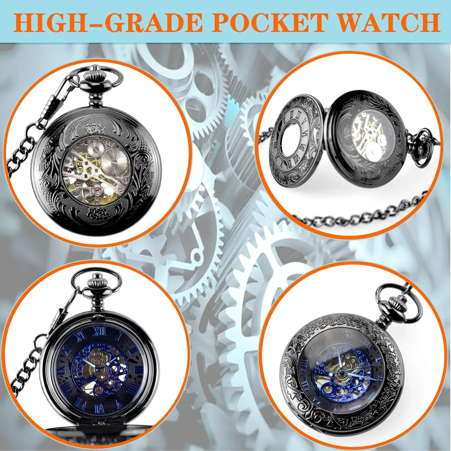 Wind Mechanical Pocket Watches with Chain Gift Box Roman Numerals for Husband Son Dad Gifts for Him Black Ddjbdb Mechanical Pocket Watch for rewrite microbial movable Men Skeleton Hand 