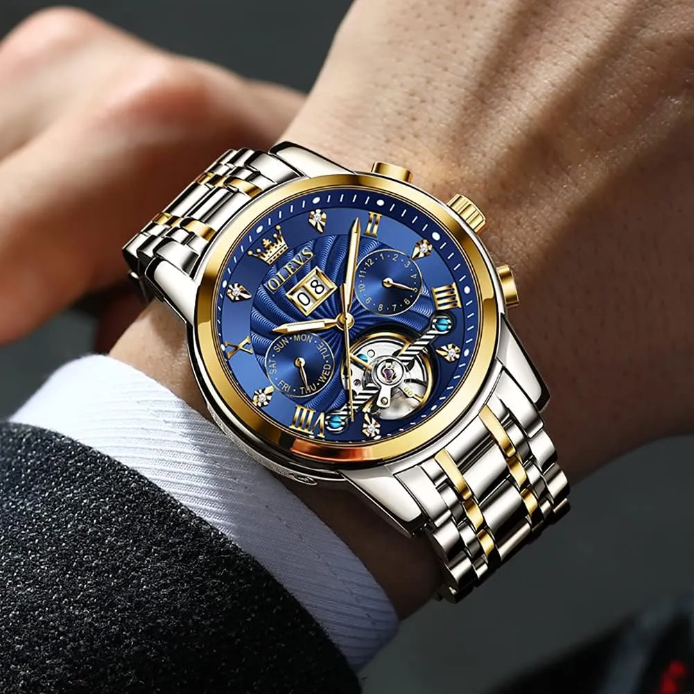 Winding sharp Scotland abound cease Watches for Men Skeleton Business Dress Luminous Waterproof Diamond Week Month OLEVS Men Automatic Watch Mechanical Self 
