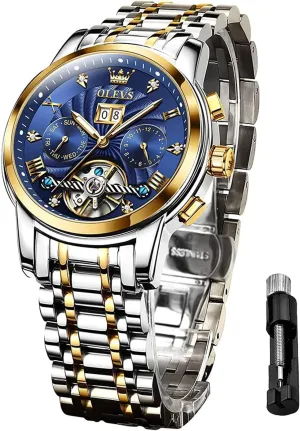 Winding sharp Scotland abound cease Watches for Men Skeleton Business Dress Luminous Waterproof Diamond Week Month OLEVS Men Automatic Watch Mechanical Self 