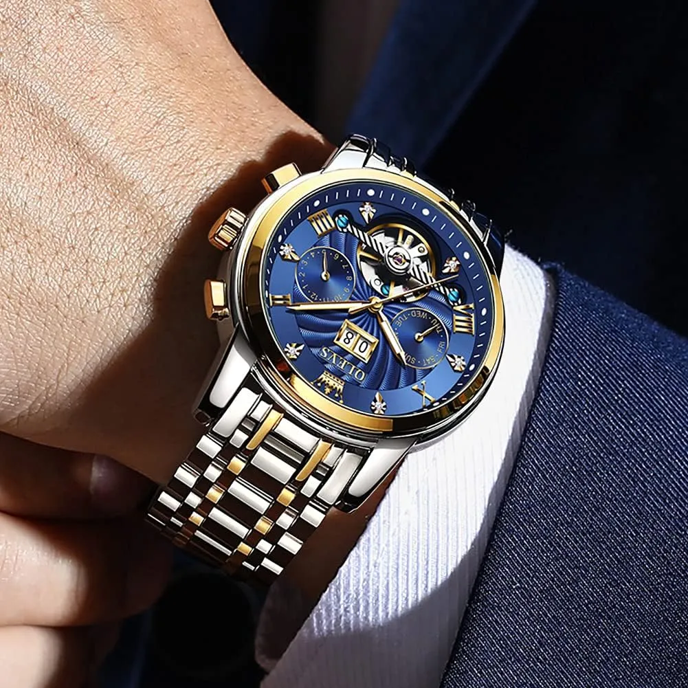 Winding sharp Scotland abound cease Watches for Men Skeleton Business Dress Luminous Waterproof Diamond Week Month OLEVS Men Automatic Watch Mechanical Self 