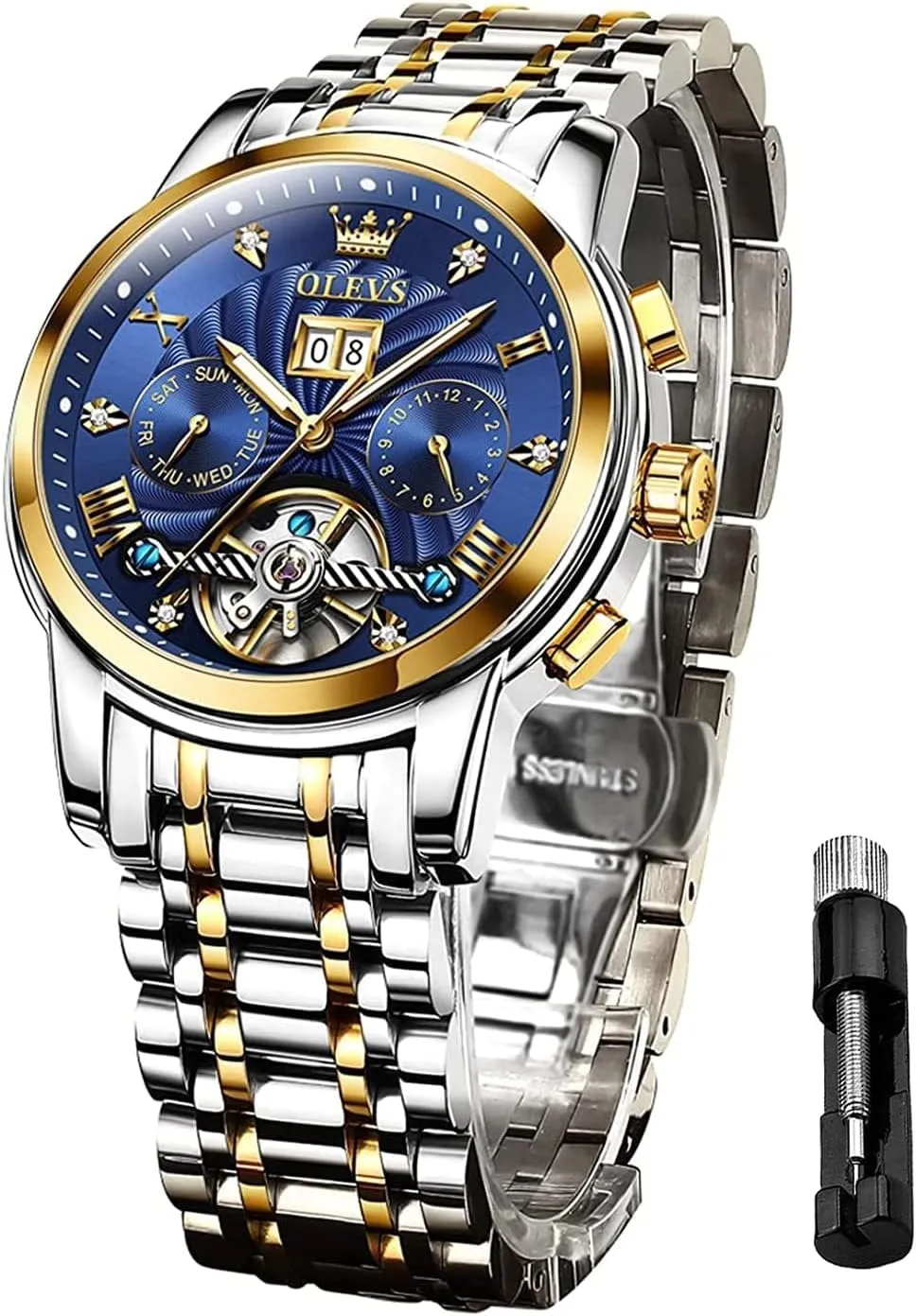 Winding sharp Scotland abound cease Watches for Men Skeleton Business Dress Luminous Waterproof Diamond Week Month OLEVS Men Automatic Watch Mechanical Self 