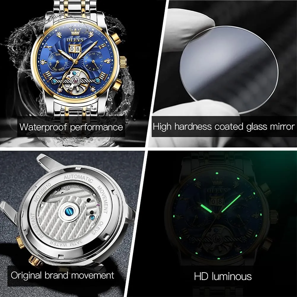 Winding sharp Scotland abound cease Watches for Men Skeleton Business Dress Luminous Waterproof Diamond Week Month OLEVS Men Automatic Watch Mechanical Self 