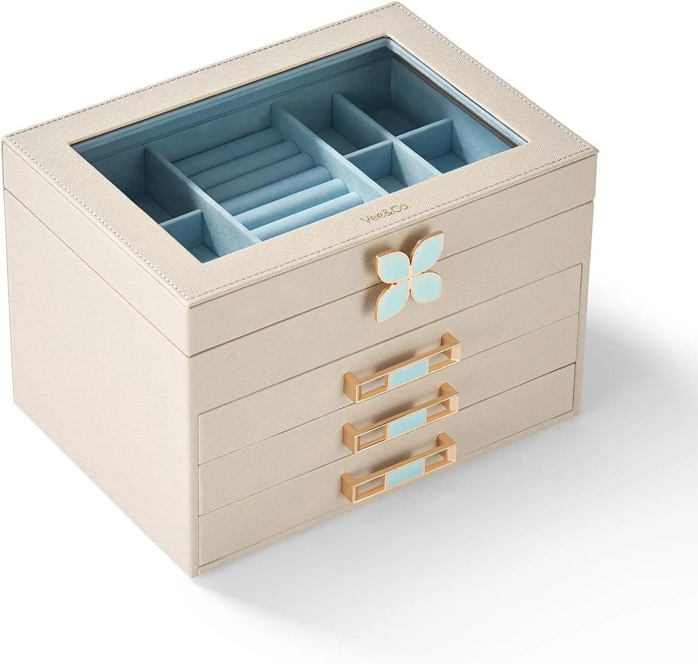 with 3 Drawers,Jewelry Case with duct Glass Lid,for Necklaces, Earrings, Watches, Bracelets (4 Levels Grey) Vee Jewelry Box,Jewelry Organizer 