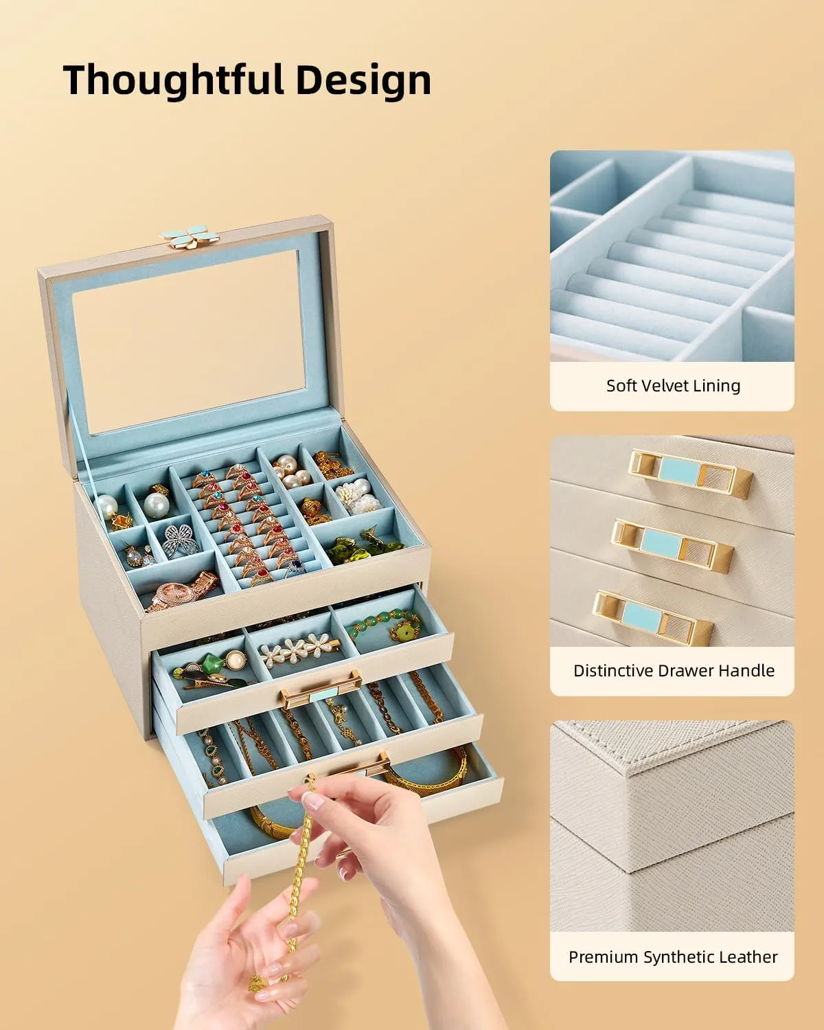 with 3 Drawers,Jewelry Case with duct Glass Lid,for Necklaces, Earrings, Watches, Bracelets (4 Levels Grey) Vee Jewelry Box,Jewelry Organizer 
