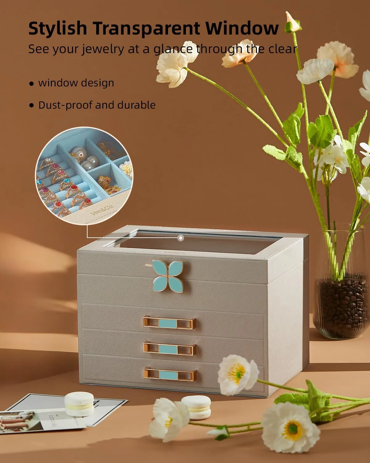 with 3 Drawers,Jewelry Case with duct Glass Lid,for Necklaces, Earrings, Watches, Bracelets (4 Levels Grey) Vee Jewelry Box,Jewelry Organizer 
