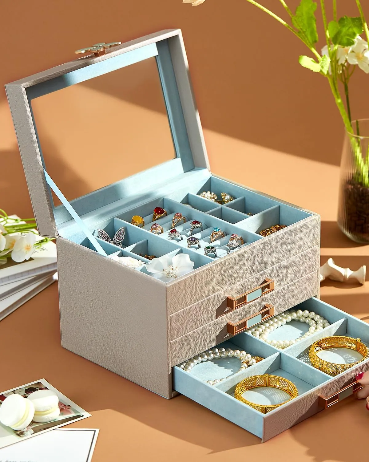 with 3 Drawers,Jewelry Case with duct Glass Lid,for Necklaces, Earrings, Watches, Bracelets (4 Levels Grey) Vee Jewelry Box,Jewelry Organizer 
