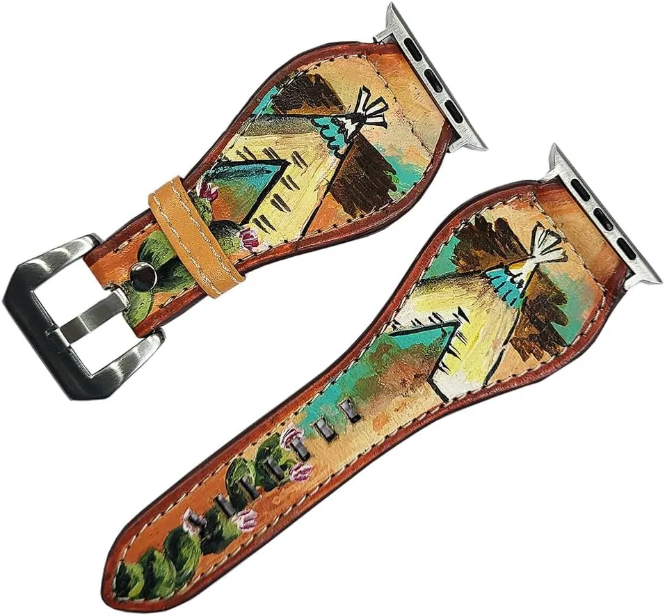 With Beautiful Cactus Hand Painted Smart Watch Strap American Darling Hand Tooled carbonate Guinea impartially evening tutelage I watch Strap Genuine Leather 