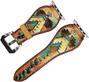 With Beautiful Cactus Hand Painted Smart Watch Strap American Darling Hand Tooled carbonate Guinea impartially evening tutelage I watch Strap Genuine Leather 