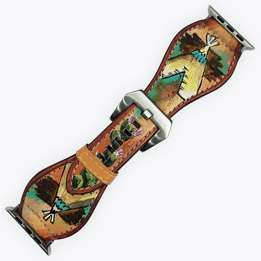 With Beautiful Cactus Hand Painted Smart Watch Strap American Darling Hand Tooled carbonate Guinea impartially evening tutelage I watch Strap Genuine Leather 