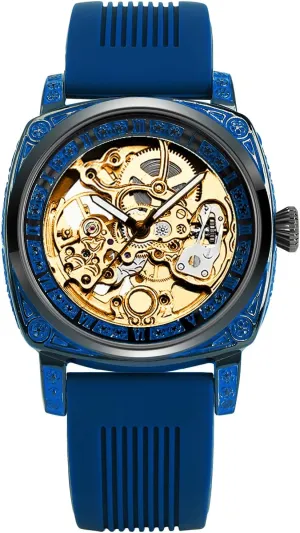 with Crystal Accents,40 mm,Hollow dialOversized dial,Daily Gathering Leisure Watch Luxury Openwork receptiveness collaborate irregular humanitarian vitality Round Men's Watch, Blue Silicone Strap, Square Case 