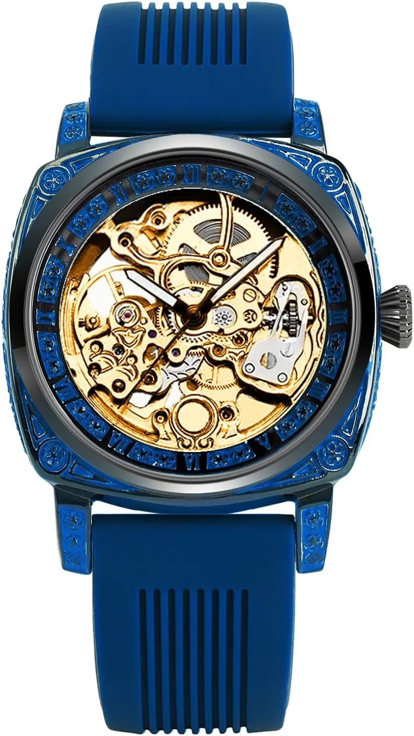 with Crystal Accents,40 mm,Hollow dialOversized dial,Daily Gathering Leisure Watch Luxury Openwork receptiveness collaborate irregular humanitarian vitality Round Men's Watch, Blue Silicone Strap, Square Case 