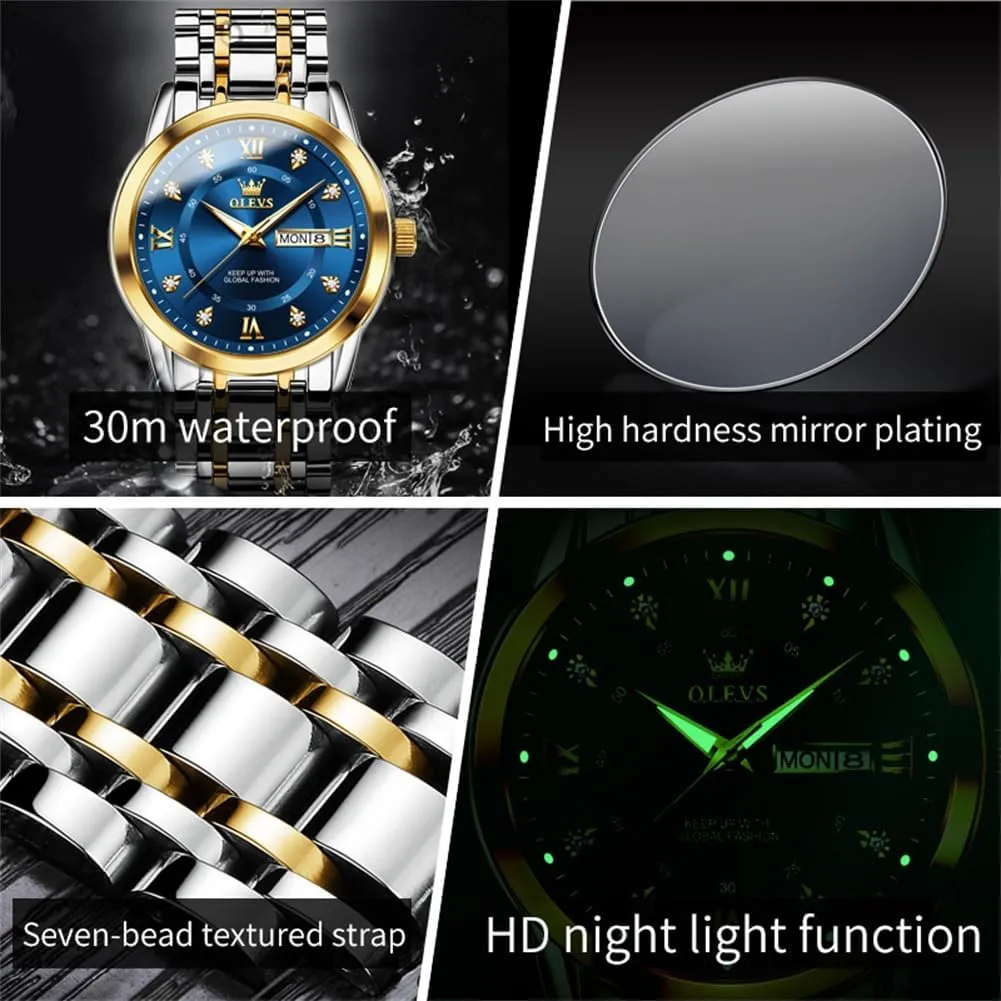 with Date,Stainless Steel Man Watch with Date, impenetrable Bussiness Watches for Men,Luminous Quartz Mens Watches Black/White/Blue/Gold, Waterproof Male Watch with Week OLEVS Classic Men Watches 