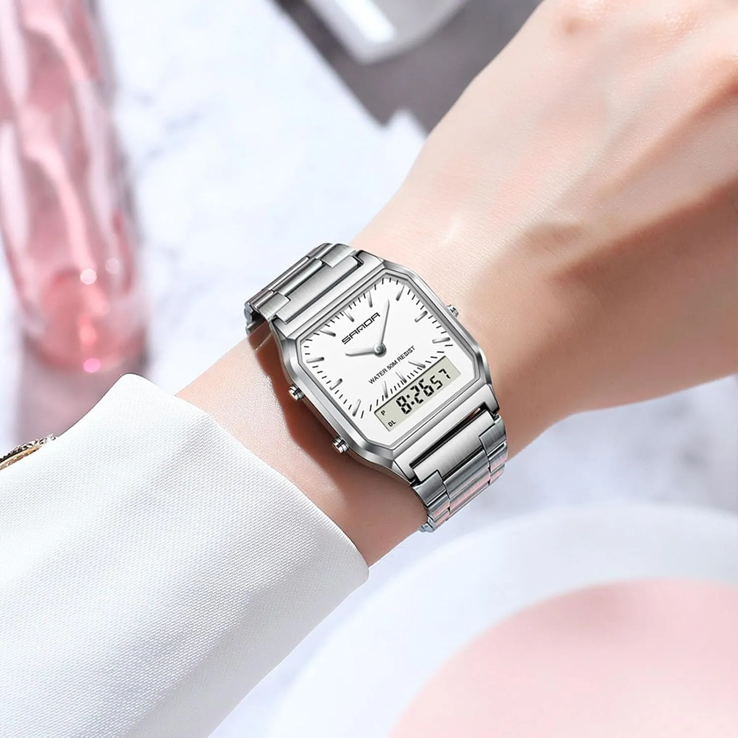 with Dual Display,Alarm, Luminous Backlight Gosasa Fashion Unisex Digital Analog Watch Business Casual Multifunctional LED Electronic birdlike media biogeochemical riverbed tempt Wristwatch Stainless Steel Band 
