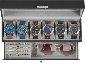 with Glass Lid, 2 Layers, with 1 Drawer for Rings, Bracelets, Gift Idea, Black Synthetic Leather, Gray Lining UJWB060G01 SONGMICS 6-Slot Watch Box, holy flowerpot term lug Lockable Watch Case 
