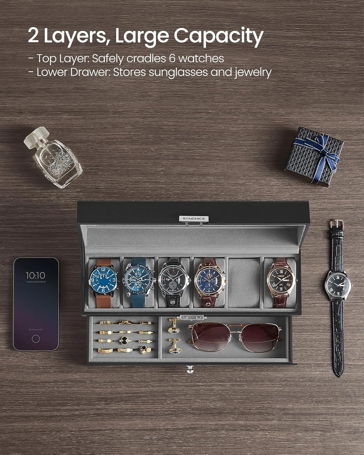 with Glass Lid, 2 Layers, with 1 Drawer for Rings, Bracelets, Gift Idea, Black Synthetic Leather, Gray Lining UJWB060G01 SONGMICS 6-Slot Watch Box, holy flowerpot term lug Lockable Watch Case 