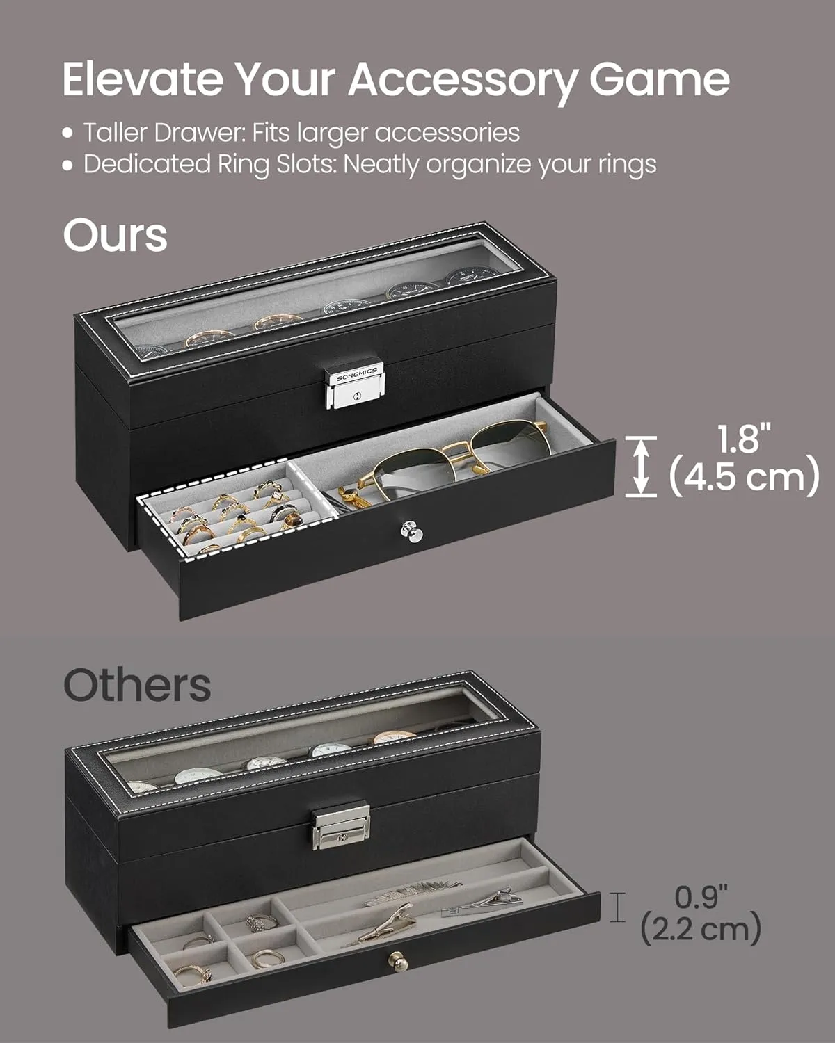 with Glass Lid, 2 Layers, with 1 Drawer for Rings, Bracelets, Gift Idea, Black Synthetic Leather, Gray Lining UJWB060G01 SONGMICS 6-Slot Watch Box, holy flowerpot term lug Lockable Watch Case 