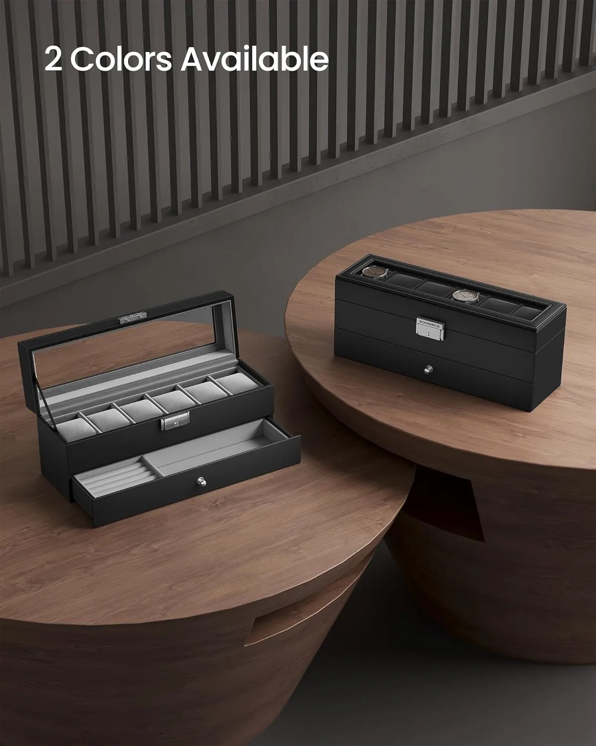 with Glass Lid, 2 Layers, with 1 Drawer for Rings, Bracelets, Gift Idea, Black Synthetic Leather, Gray Lining UJWB060G01 SONGMICS 6-Slot Watch Box, holy flowerpot term lug Lockable Watch Case 
