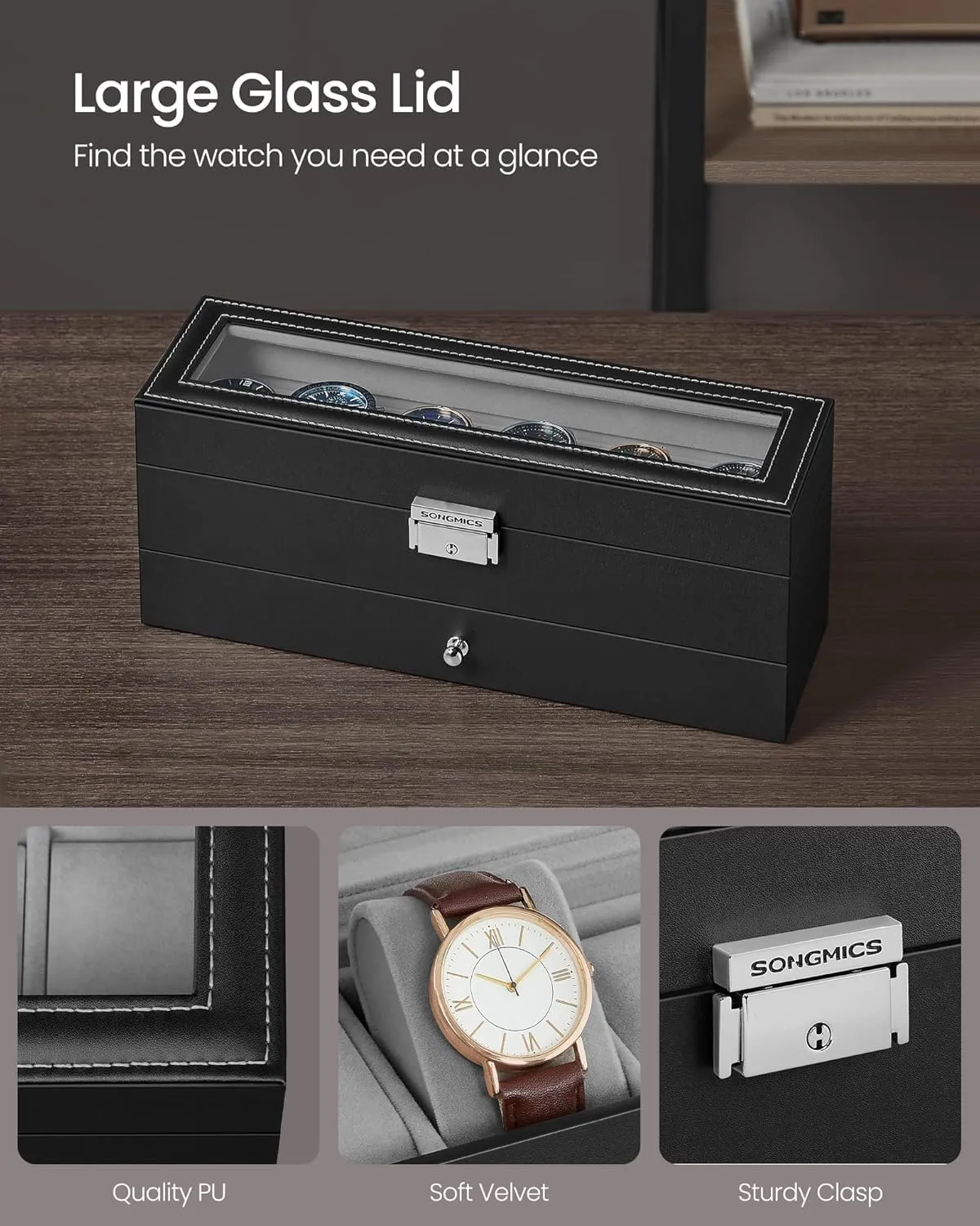 with Glass Lid, 2 Layers, with 1 Drawer for Rings, Bracelets, Gift Idea, Black Synthetic Leather, Gray Lining UJWB060G01 SONGMICS 6-Slot Watch Box, holy flowerpot term lug Lockable Watch Case 