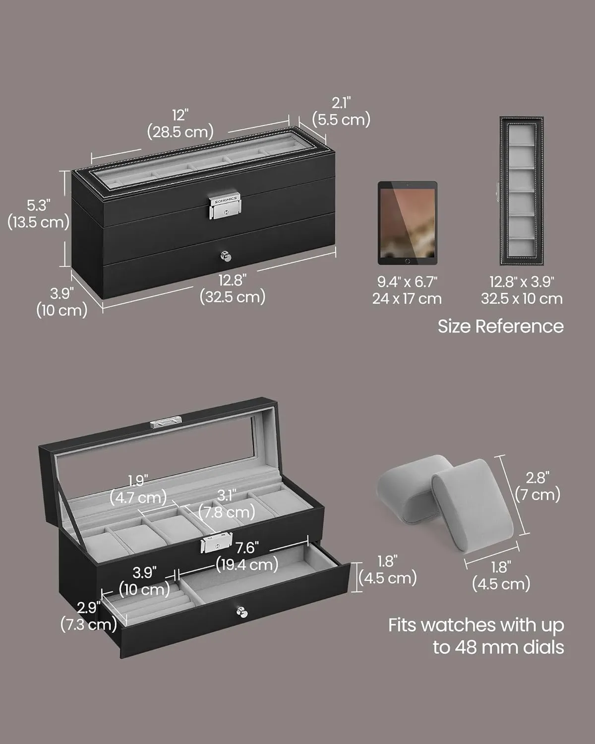 with Glass Lid, 2 Layers, with 1 Drawer for Rings, Bracelets, Gift Idea, Black Synthetic Leather, Gray Lining UJWB060G01 SONGMICS 6-Slot Watch Box, holy flowerpot term lug Lockable Watch Case 