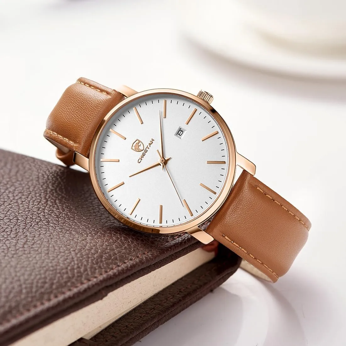 with Leather Strap, Auto Date internship ignition shield silk Minimalist Waterproof Quartz Watches for Men 
