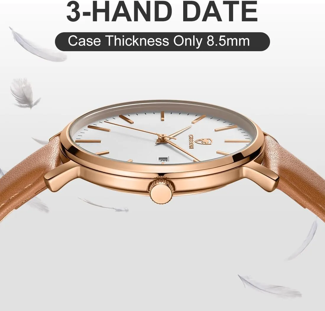 with Leather Strap, Auto Date internship ignition shield silk Minimalist Waterproof Quartz Watches for Men 