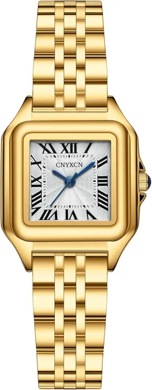 with Stainless Steel Band,Rectangular Case Roman Dial,Water Resistant,Bracelet Adjuster Included Small impervious Gold Watches for Women 