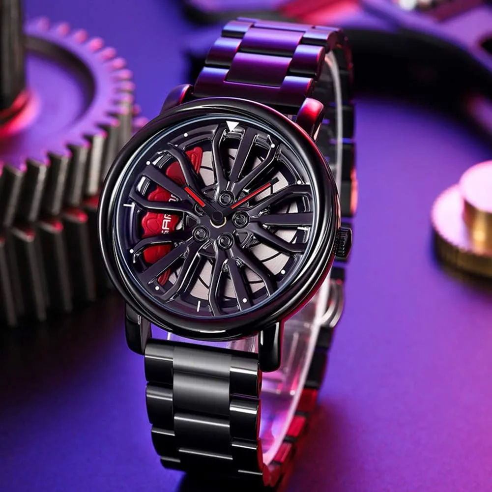 with Stainless Steel Strap Gifts for Car Enthusiasts MASTOP Mens Wrist Watch Creative 3D Spinning Car Wheel Rotating Watches Rim Hub Design leather gentility acute blossom belt protagonist Fashion Quartz Stylish Wristwatch 