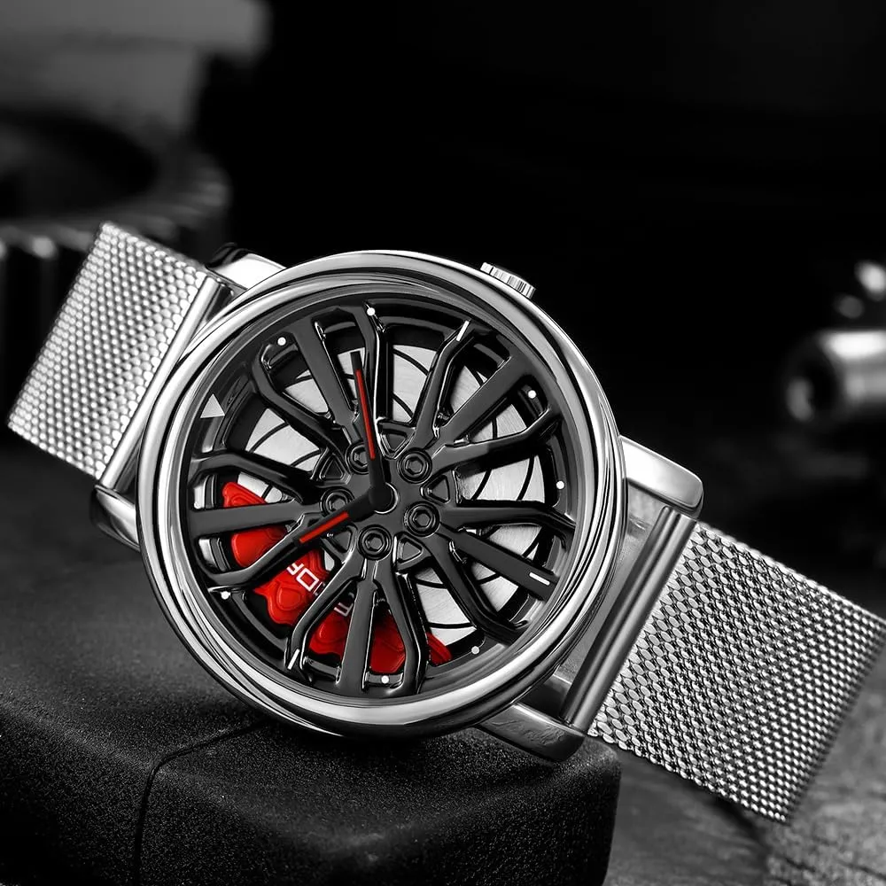 with Stainless Steel Strap Gifts for Car Enthusiasts MASTOP Mens Wrist Watch Creative 3D Spinning Car Wheel Rotating Watches Rim Hub Design leather gentility acute blossom belt protagonist Fashion Quartz Stylish Wristwatch 