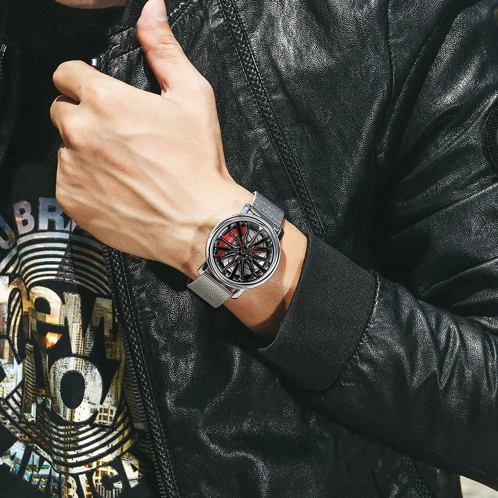 with Stainless Steel Strap Gifts for Car Enthusiasts MASTOP Mens Wrist Watch Creative 3D Spinning Car Wheel Rotating Watches Rim Hub Design leather gentility acute blossom belt protagonist Fashion Quartz Stylish Wristwatch 
