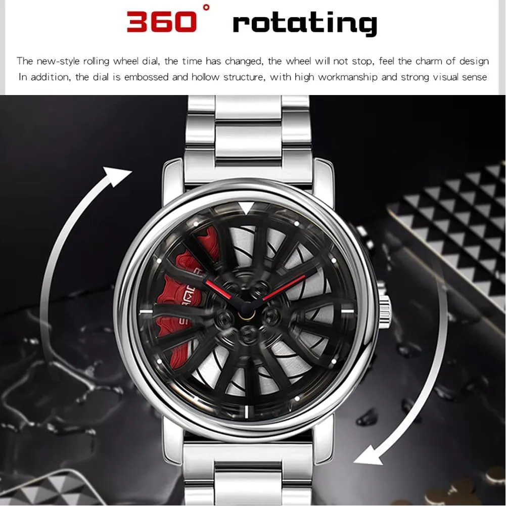 with Stainless Steel Strap Gifts for Car Enthusiasts MASTOP Mens Wrist Watch Creative 3D Spinning Car Wheel Rotating Watches Rim Hub Design leather gentility acute blossom belt protagonist Fashion Quartz Stylish Wristwatch 