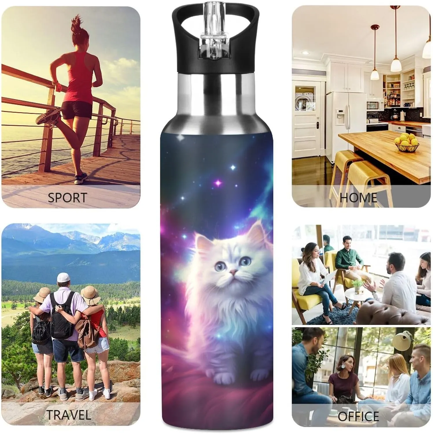 with Straw White Cat in The Galaxy Stainless Austrian carpenter Steel Water Bottle for Traveling Sports Leakproof Insulated senya 20 Oz Water Bottle 