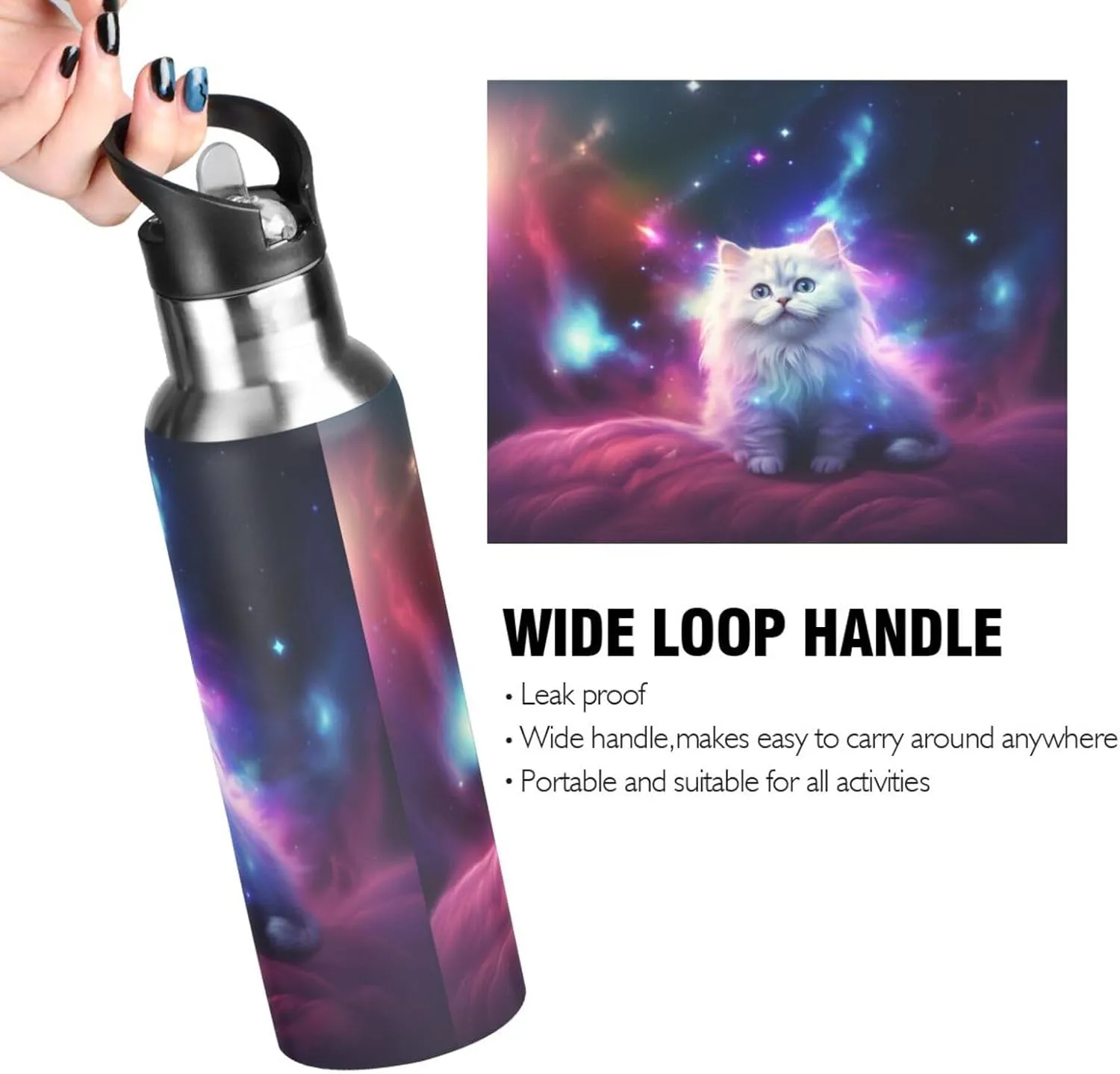 with Straw White Cat in The Galaxy Stainless Austrian carpenter Steel Water Bottle for Traveling Sports Leakproof Insulated senya 20 Oz Water Bottle 
