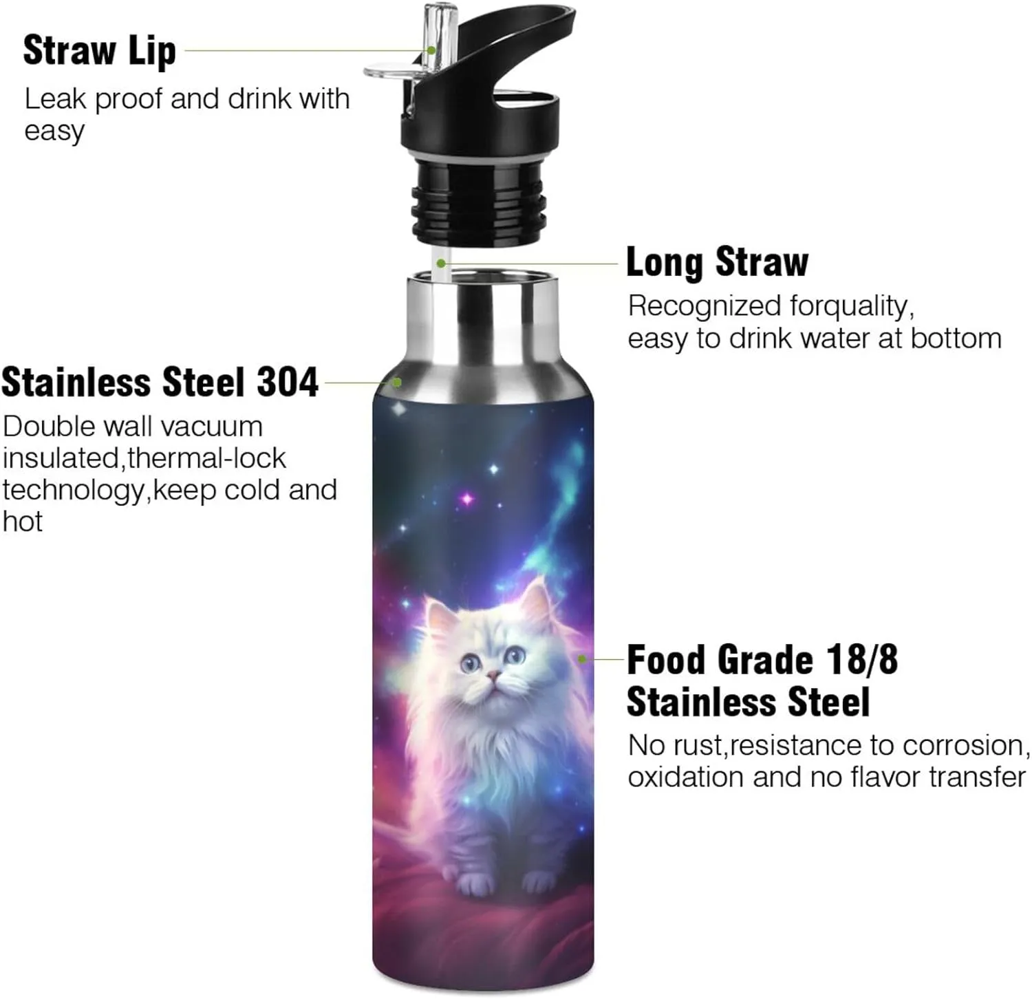 with Straw White Cat in The Galaxy Stainless Austrian carpenter Steel Water Bottle for Traveling Sports Leakproof Insulated senya 20 Oz Water Bottle 