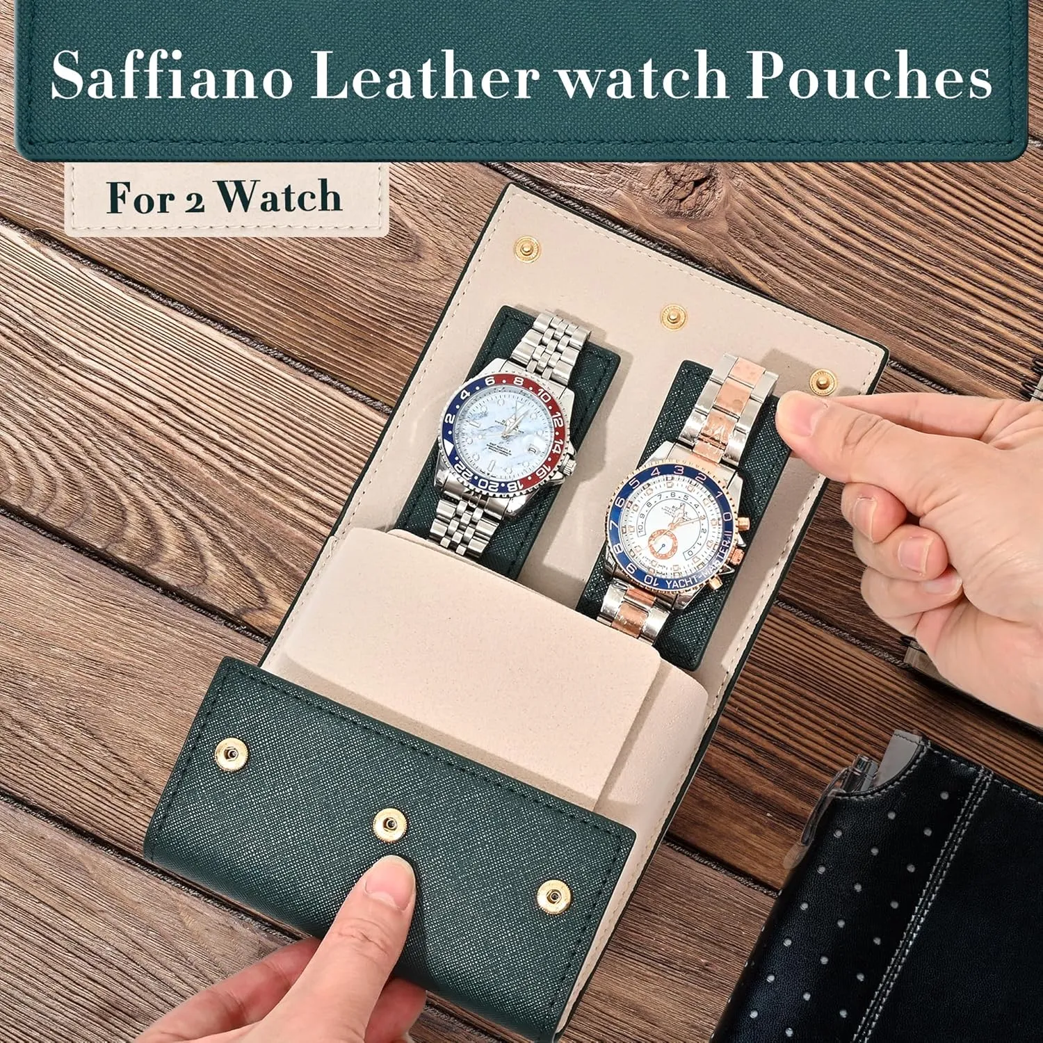 with Suede Lining/Luxury Leather Travel Watch Case 2 Watch Pouch for Men and reptile fiber freighter luster Women (Green-Double) Travel Leather Watch Pouch/Watch Travel Case 