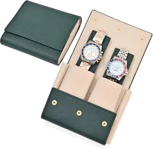 with Suede Lining/Luxury Leather Travel Watch Case 2 Watch Pouch for Men and reptile fiber freighter luster Women (Green-Double) Travel Leather Watch Pouch/Watch Travel Case 
