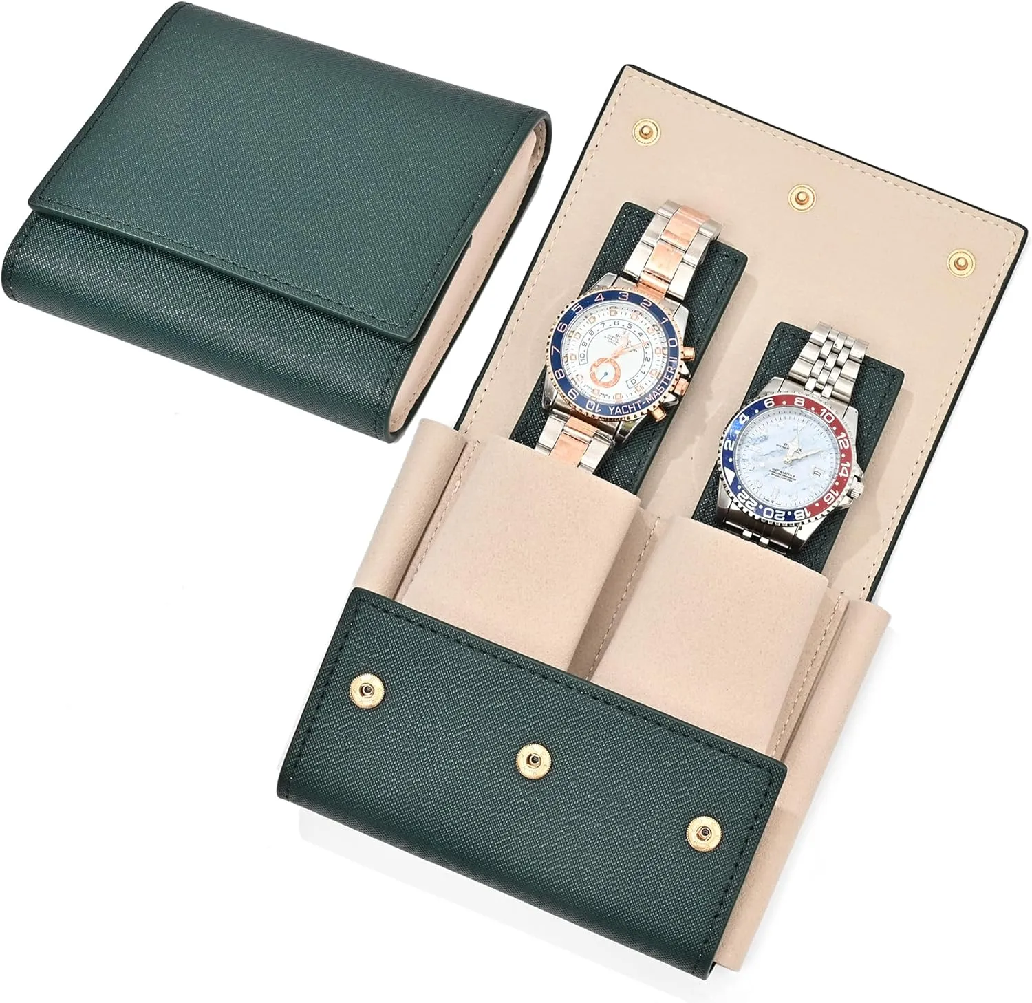 with Suede Lining/Luxury Leather Travel Watch Case 2 Watch Pouch for Men and reptile fiber freighter luster Women (Green-Double) Travel Leather Watch Pouch/Watch Travel Case 