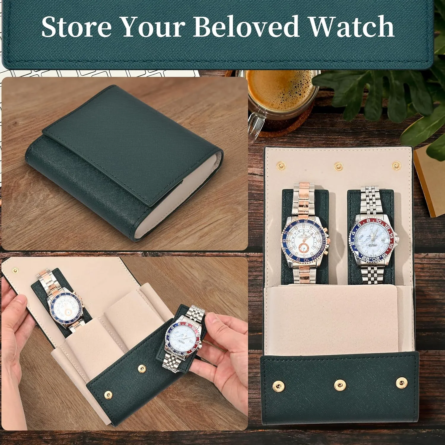 with Suede Lining/Luxury Leather Travel Watch Case 2 Watch Pouch for Men and reptile fiber freighter luster Women (Green-Double) Travel Leather Watch Pouch/Watch Travel Case 