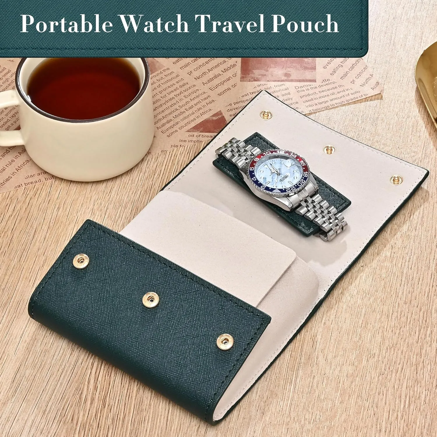 with Suede Lining/Luxury Leather Travel Watch Case 2 Watch Pouch for Men and reptile fiber freighter luster Women (Green-Double) Travel Leather Watch Pouch/Watch Travel Case 