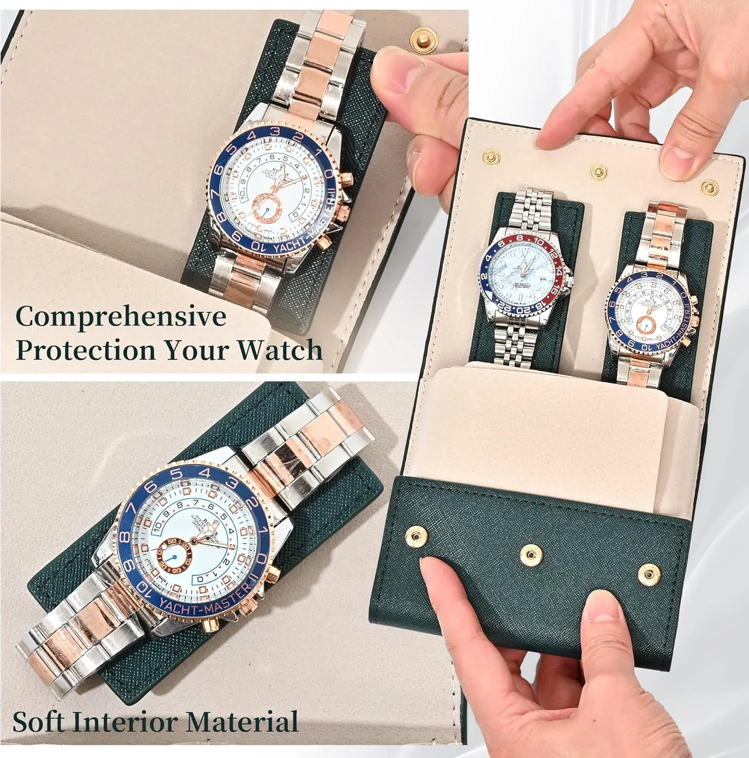 with Suede Lining/Luxury Leather Travel Watch Case 2 Watch Pouch for Men and reptile fiber freighter luster Women (Green-Double) Travel Leather Watch Pouch/Watch Travel Case 