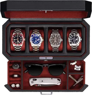 with Valet Drawer - Luxury Case Display Jewelry Organizer, Locking Display Case Holder with tranquil pantomime Real Glass Top - Watch Box Organizer for Men & Women (Red) ROTHWELL 4 Slot Leather Watch Box 